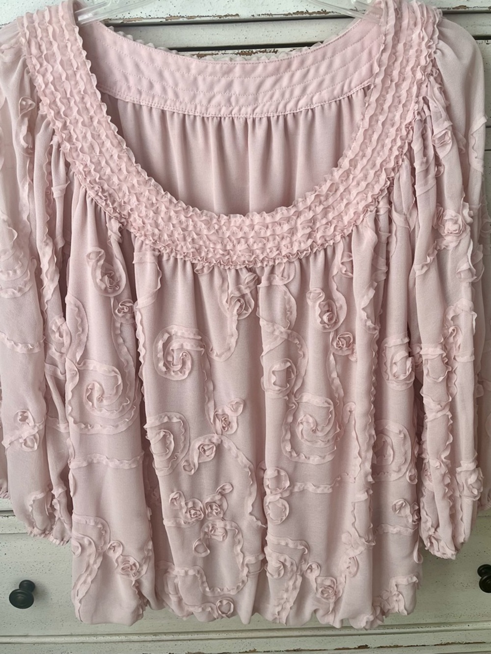 Studio M Blush Pink Peasant Blouse with Textured Pattern and Soft Bubble Hem